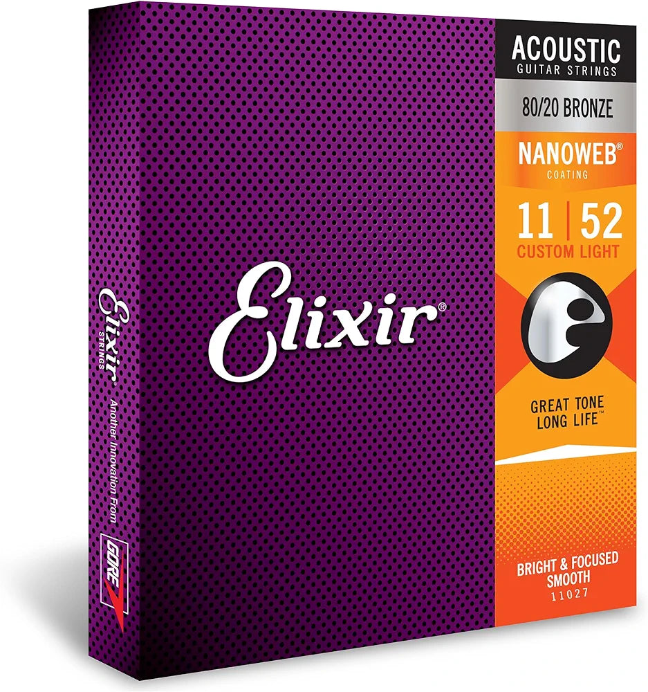 Elixir Strings, Acoustic Guitar Strings,11027  Nanoweb Bronze 80/20 Acoustic Guitar Strings .011-.052