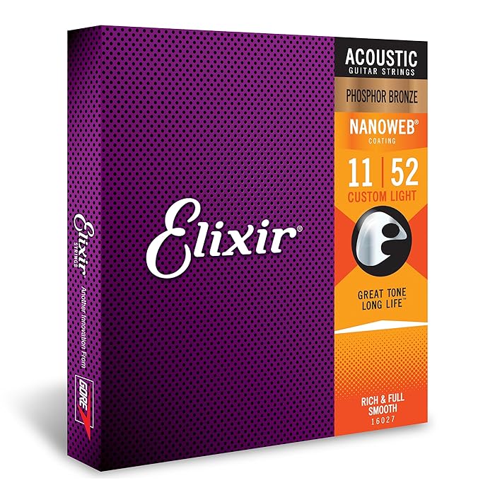 Elixir Strings, Acoustic Guitar Strings, Phosphor Bronze with NANOWEB Coating, Longest-Lasting Rich and Full Tone with Comfortable Feel, 6 String Set, Custom Light 11-52
