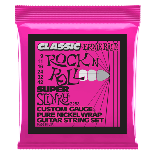 ERNIE BALL Super Slinky Classic Rock n Roll Pure Nickel Wrap Electric Guitar Strings 9-42 Gauge P02253