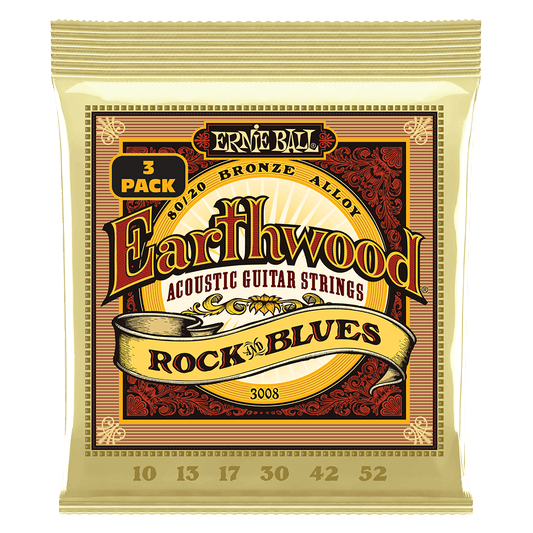 ERNIE BALL  Rock and Blues w/Plain G Earthwood 80/20 Bronze Acoustic Guitar Strings 10-52 Gauge - 3 Pack P03008