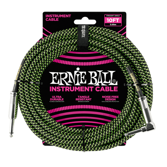 Braided Instrument Cable Straight/Angle 10ft - Black/Green