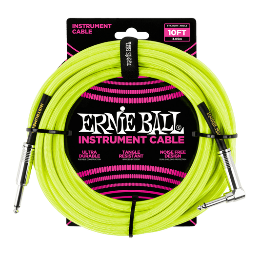 Braided Instrument Cable Straight/Angle 10ft - Neon Yellow