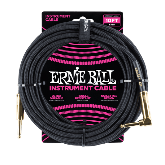 Braided Instrument Cable Straight/Angle 10ft - Black w/Gold Connectors