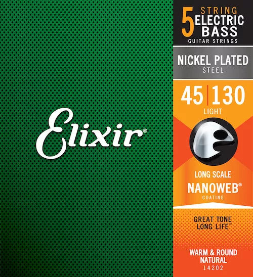 Elixir 14202 Nanoweb Coated NPS Bass Guitar Strings; gauges 45-130